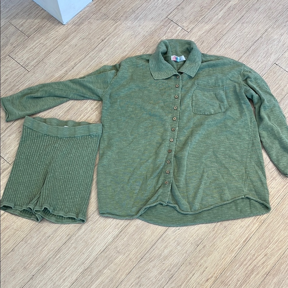 Green Button-Up Shirt and Shorts Set